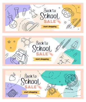 Welcome Back to school. Set bright horizontal modern banner in sketch style a Stock Illustration