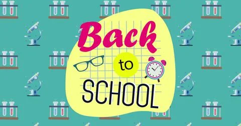 Welcome back to school text against multiple test tubes and microscope icons イラスト素材
