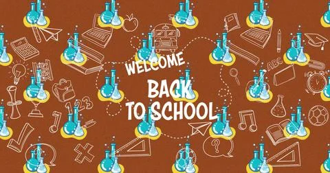 Welcome back to school text against multiple school concept icons Stock Illustration