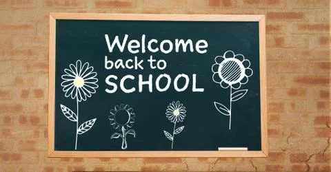 Welcome back to school text and flowers  on blackboard Stock Photos