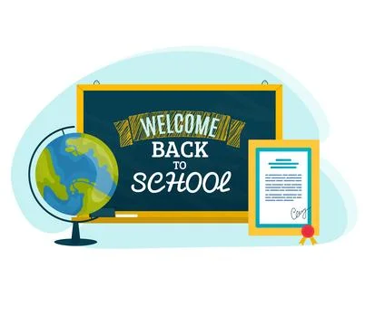 Welcome back to school text on blackboard with globe and diploma. Educational Stock Illustration