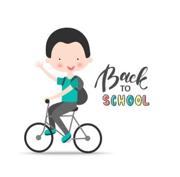 Welcome Back to school vector background with boy on the bike. Vector illustr Stock Illustration