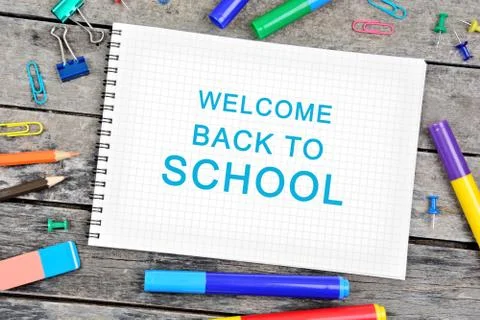Welcome Back to School words on notebook Stock Photos