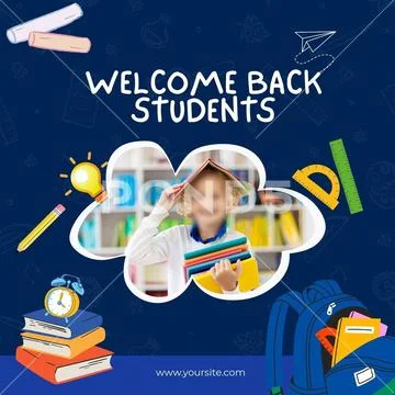 Welcome back students to school with fun supplies and a happy child PSD Template