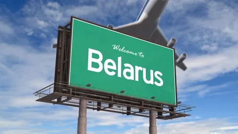 Welcome To Belarus Road Sign. Airplane Landing Belarus. Stock Footage 293781459
