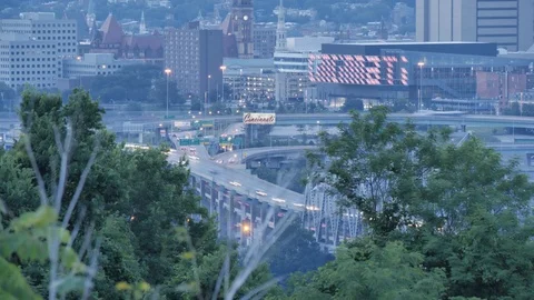 Welcome to Cincinnati Time Lapse Evening Interstate Traffic Crossing Bridges Stock-Footage 96751576