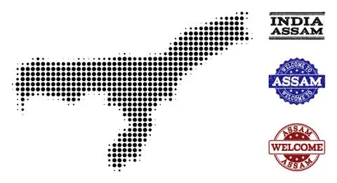 Welcome Collage of Halftone Map of Assam State and Scratched Seals Illustrazione stock