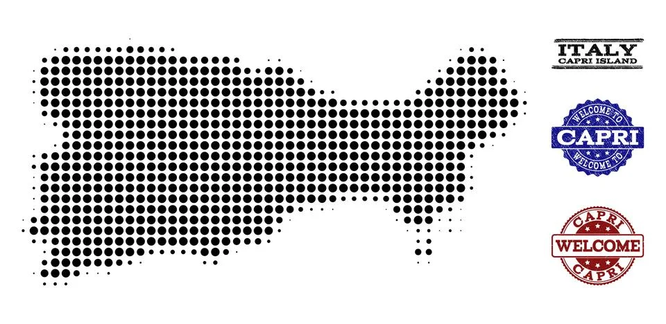 Welcome Collage of Halftone Map of Capri Island and Textured Seals Stock Illustration