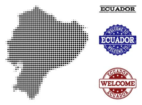 Welcome Collage of Halftone Map of Ecuador and Grunge Seals Stock Illustration