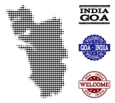 Welcome Collage of Halftone Map of Goa State and Distress Stamps Stock Illustration