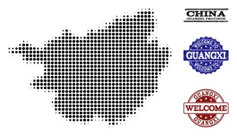 Welcome Collage of Halftone Map of Guangxi Province and Grunge Seals Stock Illustration