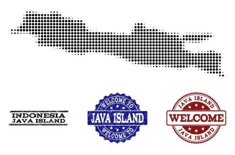 Welcome Collage of Halftone Map of Java Island and Grunge Stamps Illustration