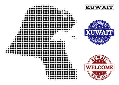 Welcome Collage of Halftone Map of Kuwait and Textured Seals Stock Illustration