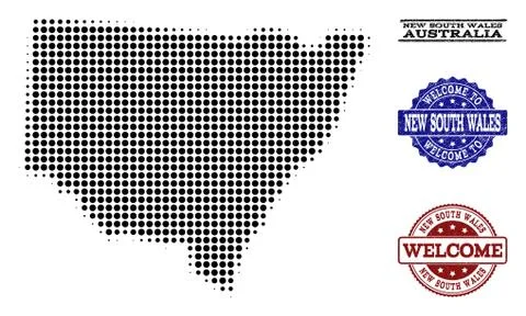 Welcome Collage of Halftone Map of New South Wales and Textured Seals 스톡 일러스트