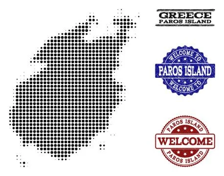 Welcome Collage of Halftone Map of Paros Island and Textured Stamps Stock Illustration