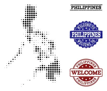 Welcome Collage of Halftone Map of Philippines and Distress Stamps Stock Illustration