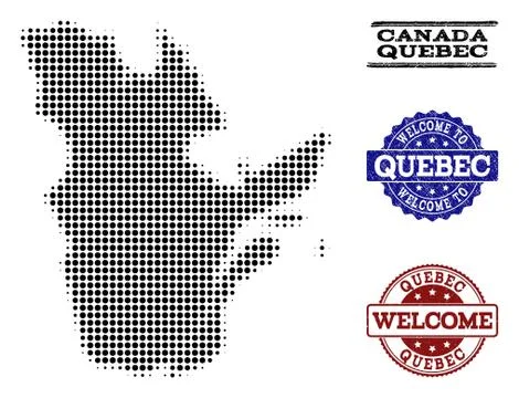 Welcome Collage of Halftone Map of Quebec Province and Textured Stamps Stock Illustration