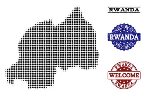 Welcome Collage of Halftone Map of Rwanda and Scratched Stamps 스톡 일러스트
