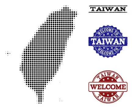 Welcome Collage of Halftone Map of Taiwan and Textured Seals Stock Illustration