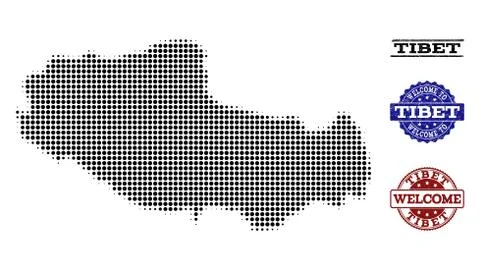 Welcome Collage of Halftone Map of Tibet and Grunge Seals Stock Illustration
