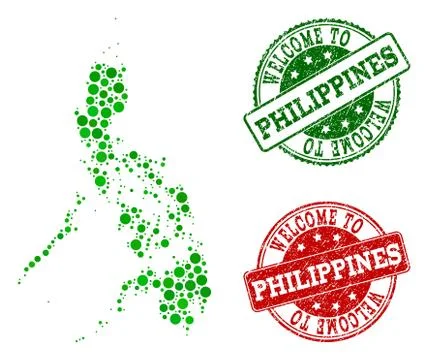 Welcome Collage of Map of Philippines and Scratched Seals Stock Illustration