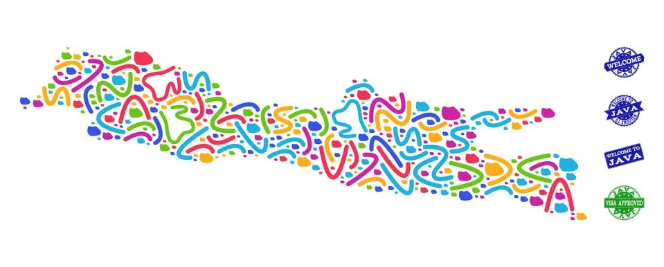 Welcome Collage of Mosaic Map of Java Island and Scratched Stamps Stockillustratie