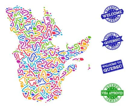 Welcome Collage of Mosaic Map of Quebec Province and Textured Stamps Stock Illustration