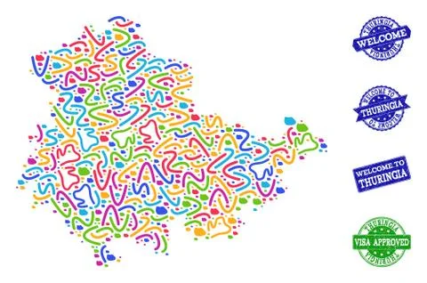 Welcome Collage of Mosaic Map of Thuringia State and Textured Stamps Illustrazione stock