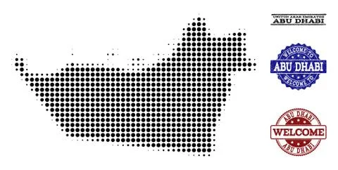 Welcome Composition of Halftone Map of Abu Dhabi Emirate and Grunge Stamps Stock Illustration