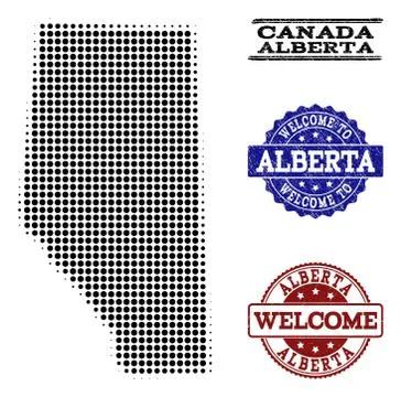Welcome Composition of Halftone Map of Alberta Province and Scratched Stamps Stock Illustration