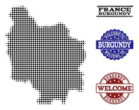Welcome Composition of Halftone Map of Burgundy Province and Scratched Stamps Stock Illustration