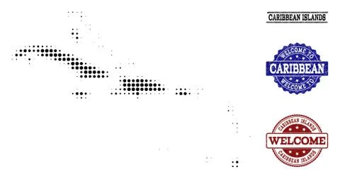 Welcome Composition of Halftone Map of Caribbean Islands and Distress Seals Stock Illustration