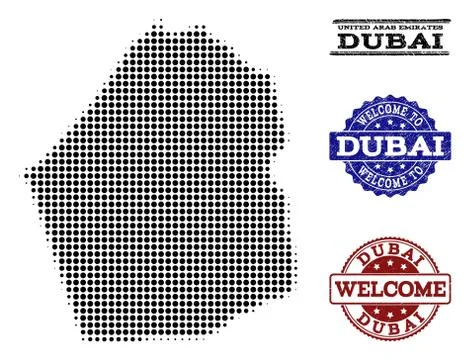 Welcome Composition of Halftone Map of Dubai Emirate and Grunge Stamps Stock Illustration