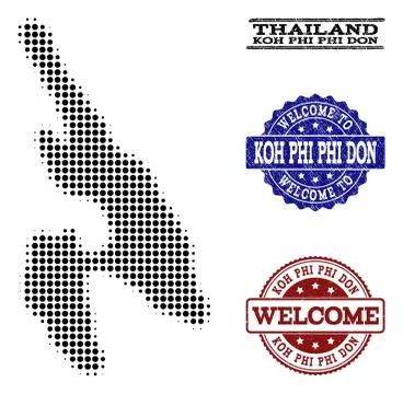 Welcome Composition of Halftone Map of Koh Phi Don and Textured Stamps 스톡 일러스트