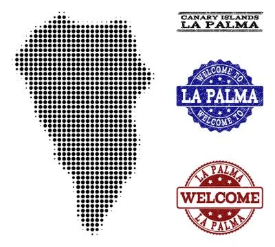 Welcome Composition of Halftone Map of La Palma Island and Grunge Seals Illustrazione stock