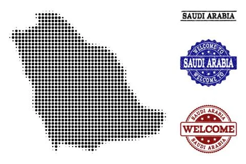 Welcome Composition of Halftone Map of Saudi Arabia and Distress Stamps Illustrazione stock