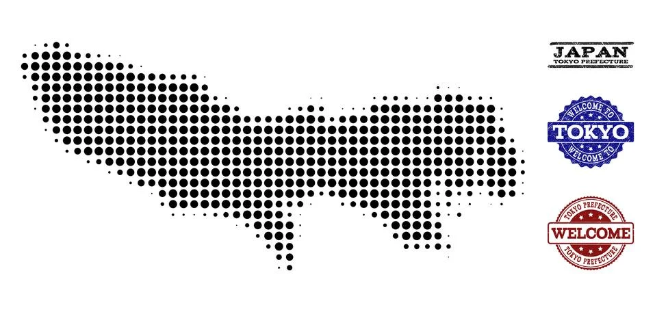 Welcome Composition of Halftone Map of Tokyo Prefecture and Scratched Stamps Stock Illustration