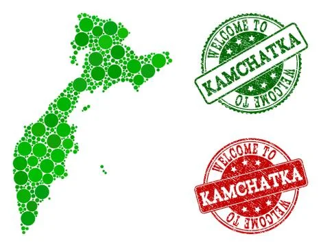 Welcome Composition of Map of Kamchatka Peninsula and Scratched Seals Stock Illustration