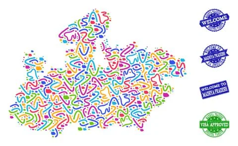 Welcome Composition of Mosaic Map of Madhya Pradesh State and Textured Stamps Stock Illustration