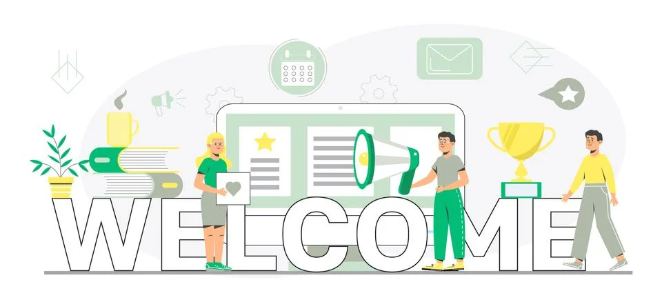 Welcome concept flat vector for website, header. Happy tiny people are near h Stock-Illustration