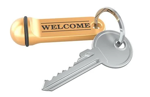 Welcome concept with key and keychain. 3D rendering Stock Illustration