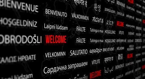 Welcome in different language with world map background. Stock-Illustration