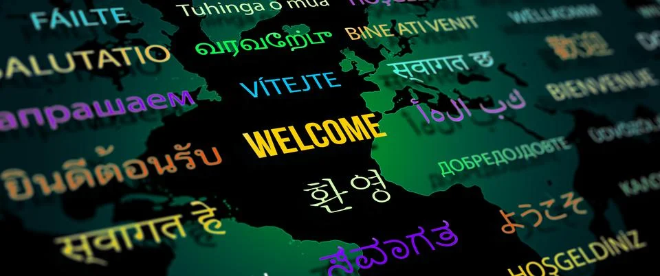 Welcome in different language with world map background. Stock Illustration