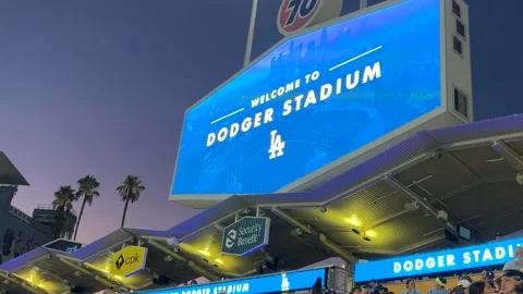 Welcome to Dodger Stadium inside the historic baseball ballpark at night Stock Footage 205173878
