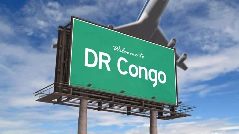 Welcome To DR Congo Road Sign. Airplane Landing DR Congo. Stock Footage 293782640