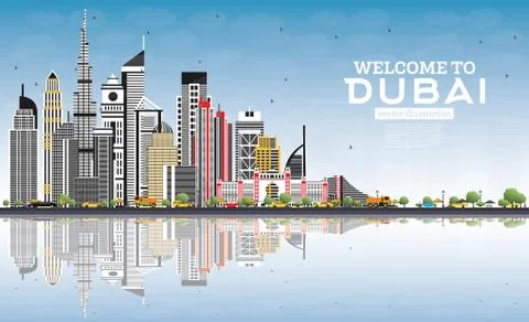 Welcome to Dubai UAE Skyline with Gray Buildings, Blue Sky and Reflections. Ilustración de archivo