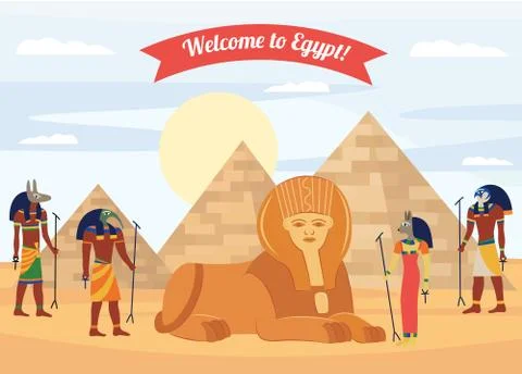Welcome to Egypt banner or flyer with pyramids and ancient gods vector Stock Illustration