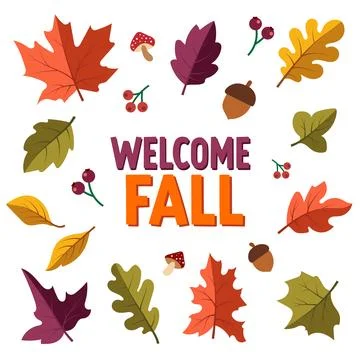 Welcome Fall greeting card frame with scattered autumn leaves and acorns イラスト素材