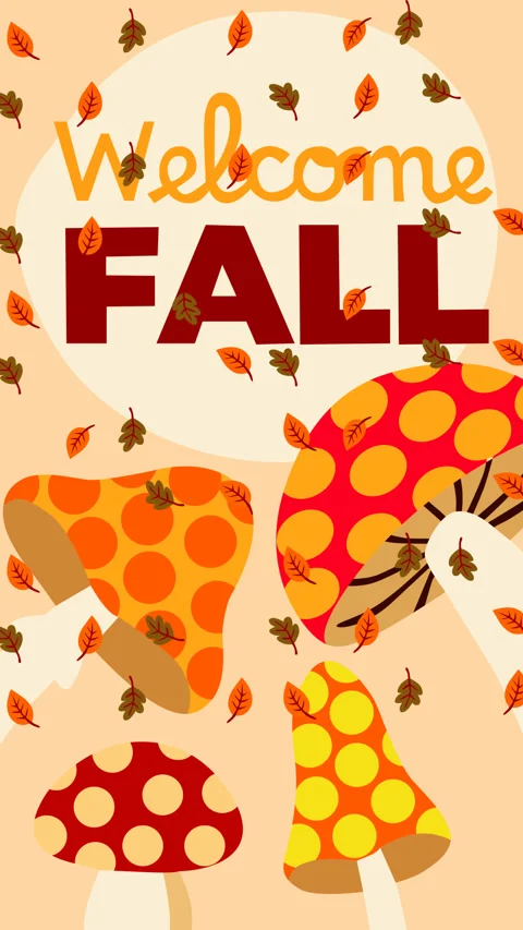 Welcome Fall Mushroom Forest Background Loop Animation with Falling Autumn L Stock Footage 340534044
