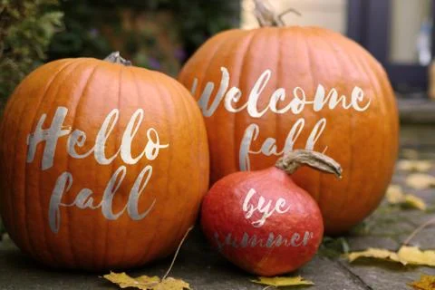 Welcome fall Pumpkins - in front of a house Stock Photos